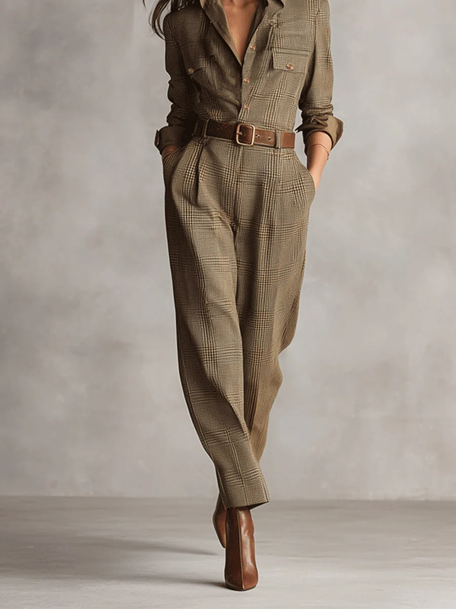 Zoë | Verfijnde tweed textuur geruite utility jumpsuit